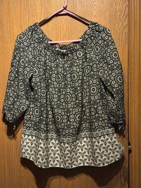 Mileage Off Shoulder Blouse Womens Large Blue Paisley 3/4  Sleeve Ribbon ties